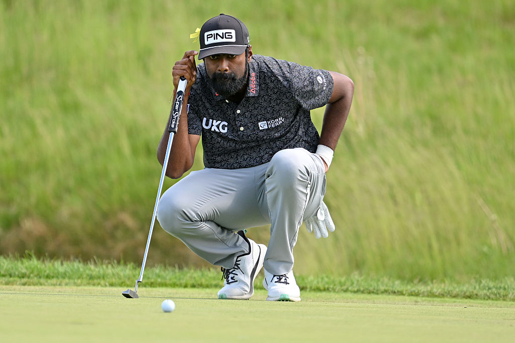 CALEDON, ONTARIO - JUNE 12: Sahith Theegala of the United States lines up a putt on the 11th green during the second round of the RBC Canadian Open 2026 at TPC Toronto at Osprey Valley on June 12, 2026 in Caledon, Ontario. (Photo by Minas Panagiotakis/Getty Images)