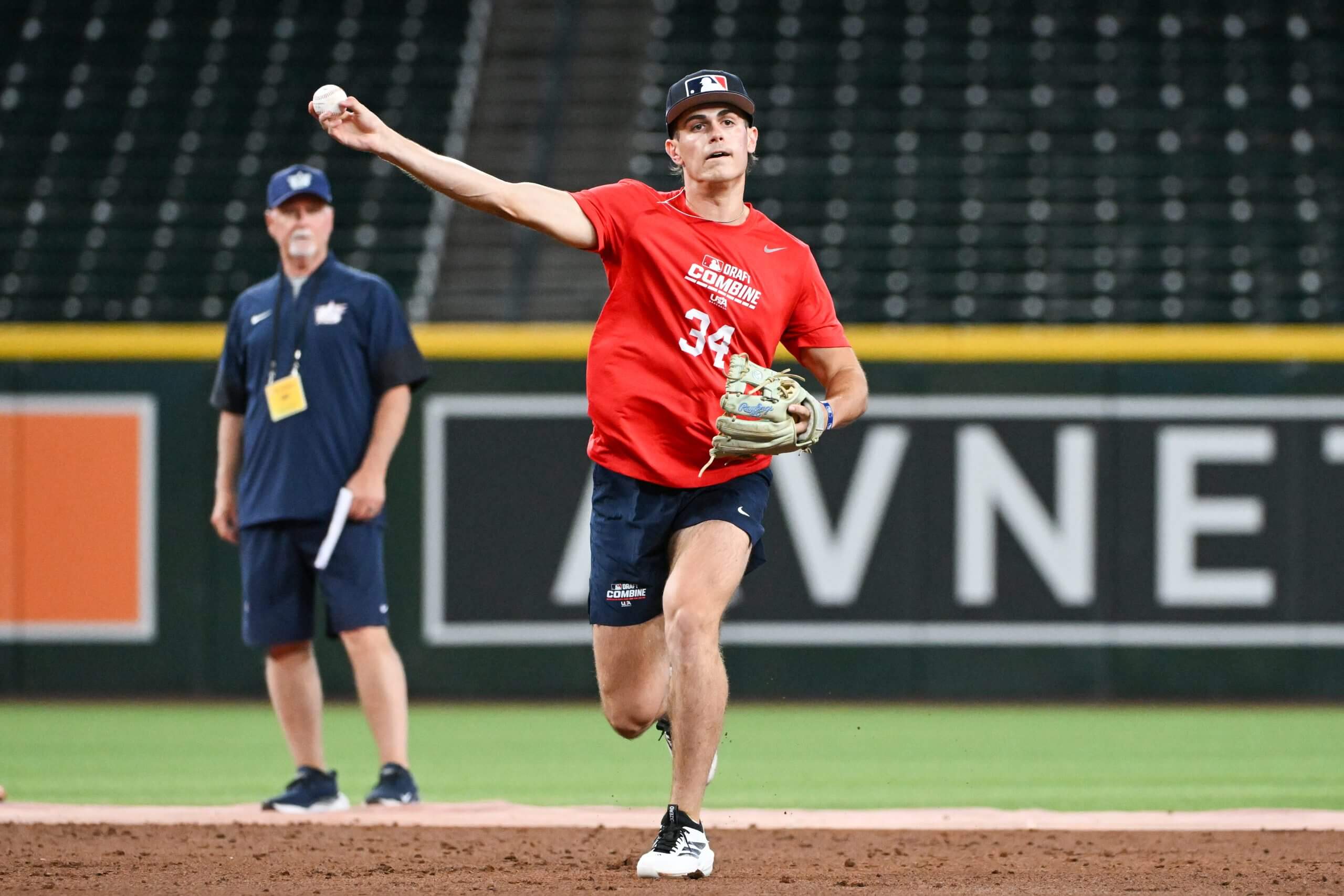 Tyler Spangler #34 throws the ball during the 2026 Draft Combine at Chase Field on June 23, 2026 in Phoenix.