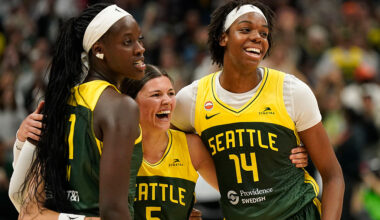 SEATTLE, WA - JUNE 25 : Jade Melbourne #5, Dominique Malonga #14, and Awa Fam #11 of the Seattle Storm smile after the game against the New York Liberty on June 25, 2026 at Climate Pledge Arena in Seattle, Washington. NOTE TO USER: User expressly acknowledges and agrees that, by downloading and or using this photograph, User is consenting to the terms and conditions of the Getty Images License Agreement. Mandatory Copyright Notice: Copyright 2026 NBAE (Photo by David Ryder/NBAE via Getty Images)