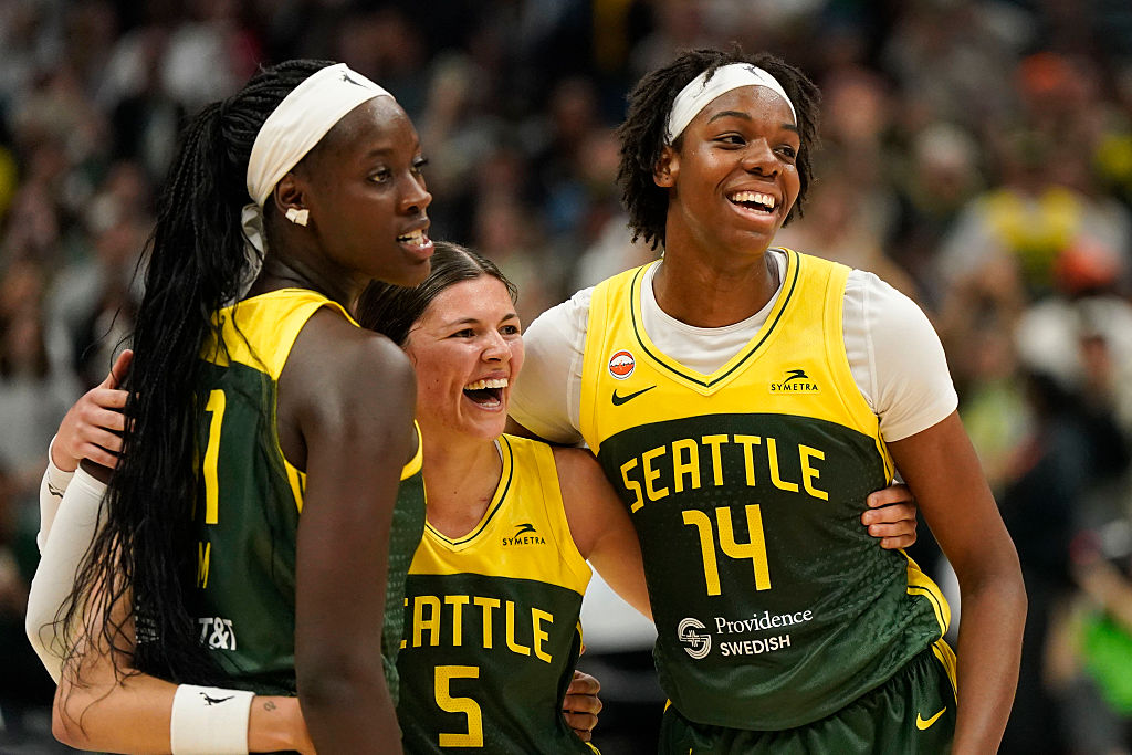 SEATTLE, WA - JUNE 25 : Jade Melbourne #5, Dominique Malonga #14, and Awa Fam #11 of the Seattle Storm smile after the game against the New York Liberty on June 25, 2026 at Climate Pledge Arena in Seattle, Washington. NOTE TO USER: User expressly acknowledges and agrees that, by downloading and or using this photograph, User is consenting to the terms and conditions of the Getty Images License Agreement. Mandatory Copyright Notice: Copyright 2026 NBAE (Photo by David Ryder/NBAE via Getty Images)