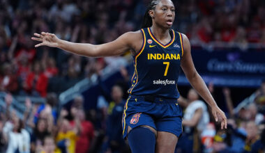 INDIANAPOLIS, IN - JUNE 27: Indiana Fever center Aliyah Boston (7) reacts after making a 3 point shot against the Los Angeles Sparks on June 27, 2026, at Gainbridge Fieldhouse in Indianapolis, Indiana. (Photo by Brian Spurlock/Icon Sportswire via Getty Images)