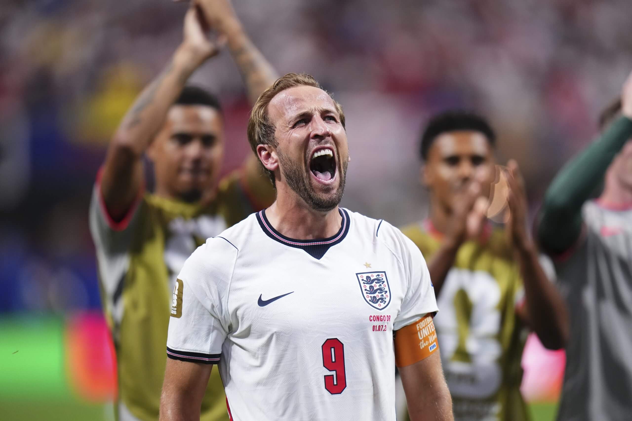 Harry Kane roars in celebration at the end of England's 2-1 win over DR Congo