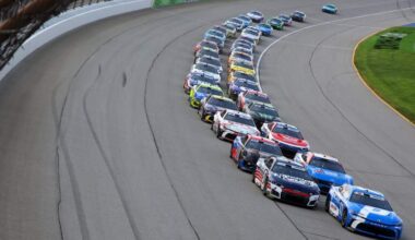 The NASCAR Cup Series field races through the opening laps of the 2026 eero 400 at Chicagoland Speedway.