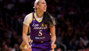LOS ANGELES, CALIFORNIA - JULY 08: Dearica Hamby #5 of the Los Angeles Sparks reacts after no foul called on the play during the first quarter of the game against the Indiana Fever at Crypto.com Arena on July 08, 2026 in Los Angeles, California. NOTE TO USER: User expressly acknowledges and agrees that, by downloading and/or using this Photograph, user is consenting to the terms and conditions of the Getty Images License Agreement. (Photo by Katelyn Mulcahy/Getty Images)