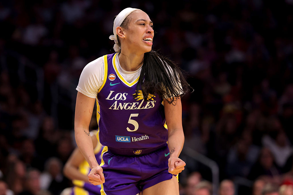 LOS ANGELES, CALIFORNIA - JULY 08: Dearica Hamby #5 of the Los Angeles Sparks reacts after no foul called on the play during the first quarter of the game against the Indiana Fever at Crypto.com Arena on July 08, 2026 in Los Angeles, California. NOTE TO USER: User expressly acknowledges and agrees that, by downloading and/or using this Photograph, user is consenting to the terms and conditions of the Getty Images License Agreement. (Photo by Katelyn Mulcahy/Getty Images)