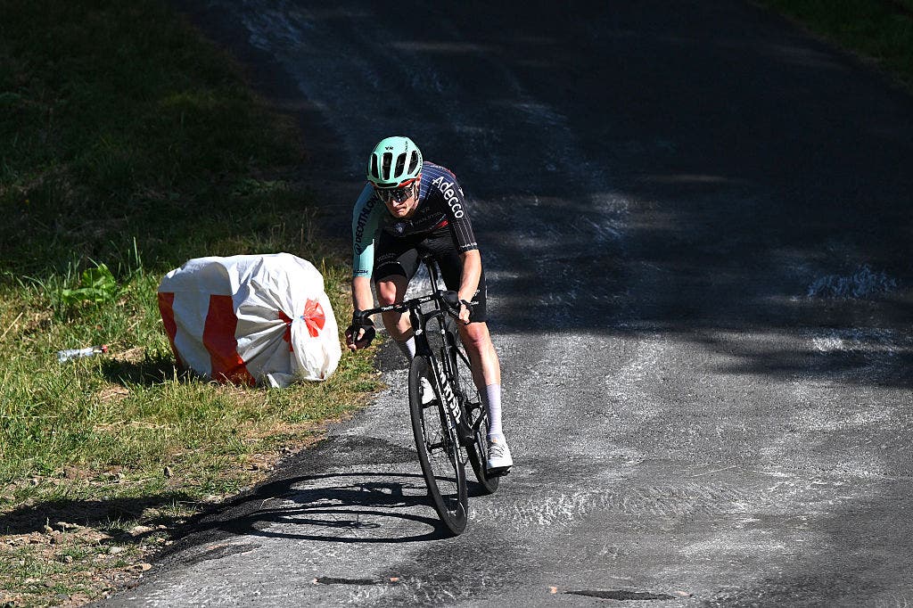 Seixas' teammate Nicolas Prodhomme picks his way down a sketchy whitewashed descent in Tuesday's Tour de France stage.