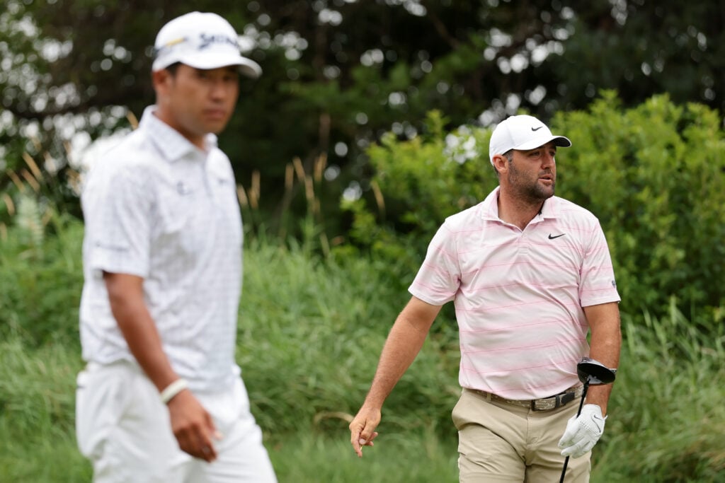 Hideki Matsuyama and Scottie Scheffler in action during the third round of the 3M Open at TPC Twin Cities