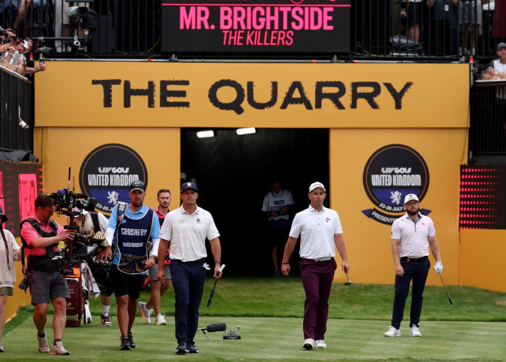 Bryson DeChambeau, Lucas Herbert, and Tyrrell Hatton on the 14th tee during the third round of LIV Golf UK