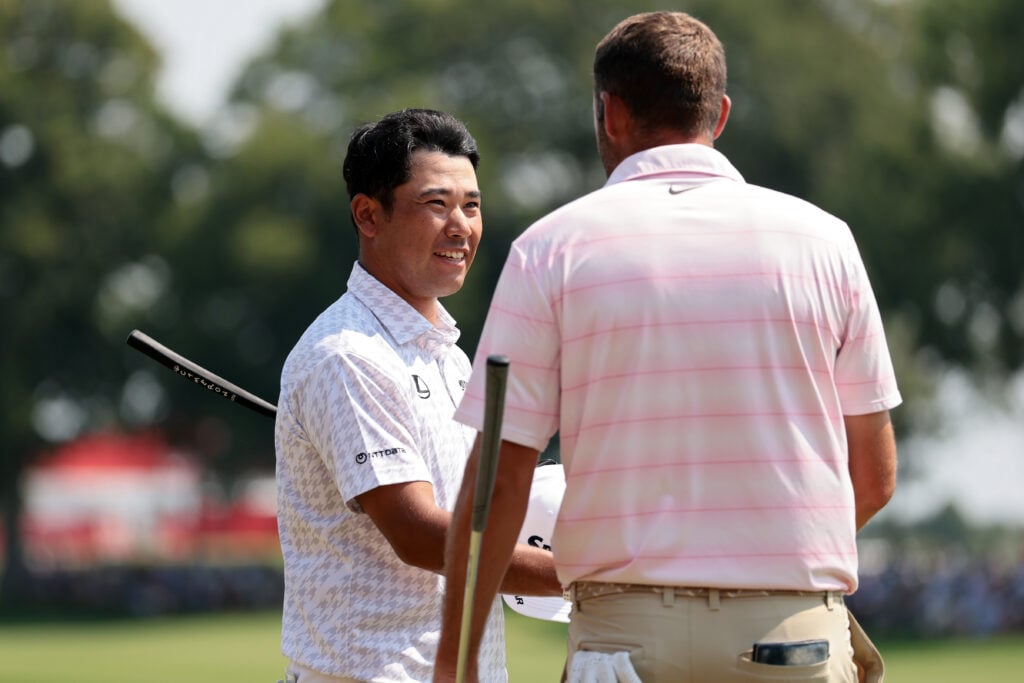 Hideki Matsuyama and Scottie Scheffler in action during the third round of the 3M Open at TPC Twin Cities