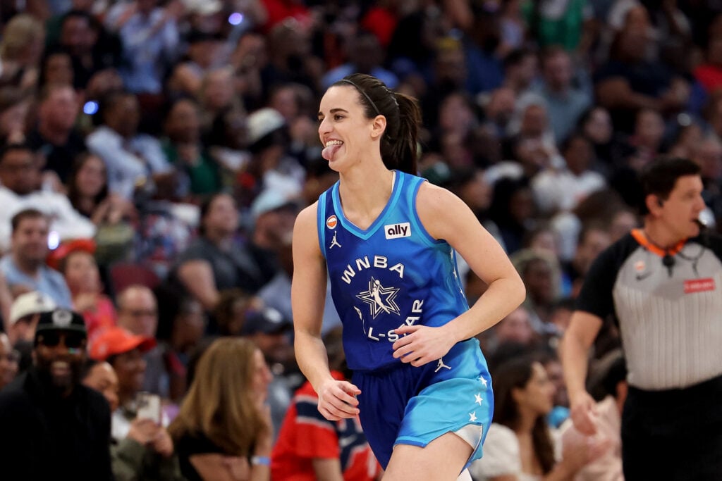 Caitlin Clark #22 of Team Spoon celebrates a basket against Team Coop during the first half in the 2026 AT&T WNBA All-Star Game at the United Center