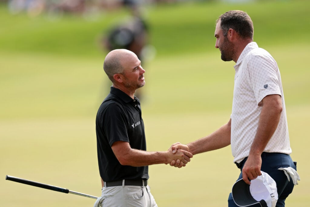Brian Harman and Scottie Scheffler shake hands after the final round of the 3M Open