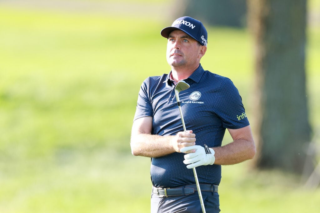 Keegan Bradley of the United States follows his shot on the 13th hole during the first round of the Rocket Classic 2026