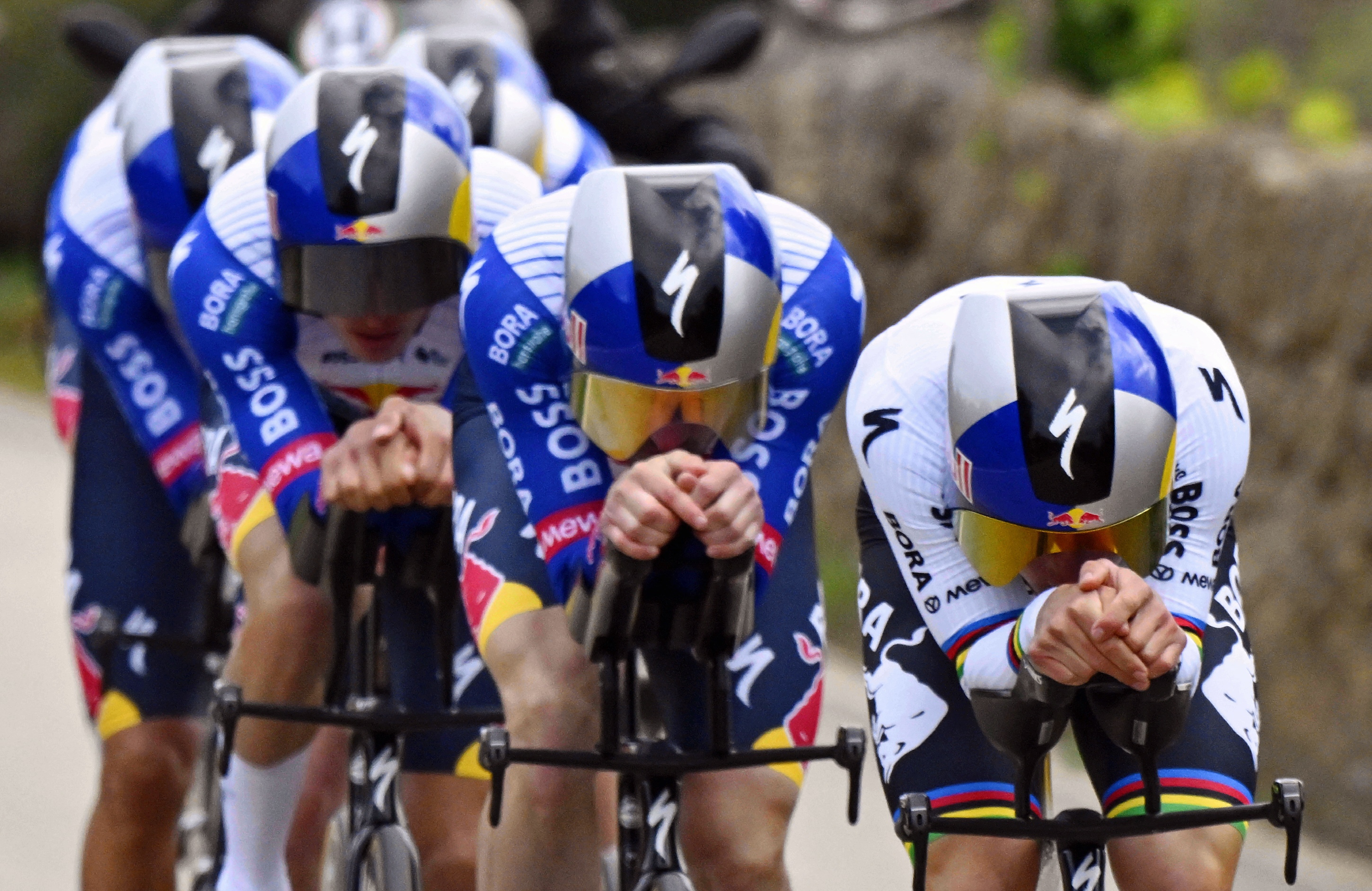 Red Bull-BORA-Hansgrohe riders pictured in action during the Team Time Trial of the Trofeo Ses Salines Challenge Mallorca cycling race, 23,8km in Colonia de Sant Jordi, Mallorca, Spain on Thursday 29 January 2026. Belgian Evenepoel is participating in the first race in the colors of his new team Red Bull-Bora-Hansgrohe. BELGA PHOTO ERIC LALMAND (Photo by ERIC LALMAND / BELGA MAG / Belga via AFP)