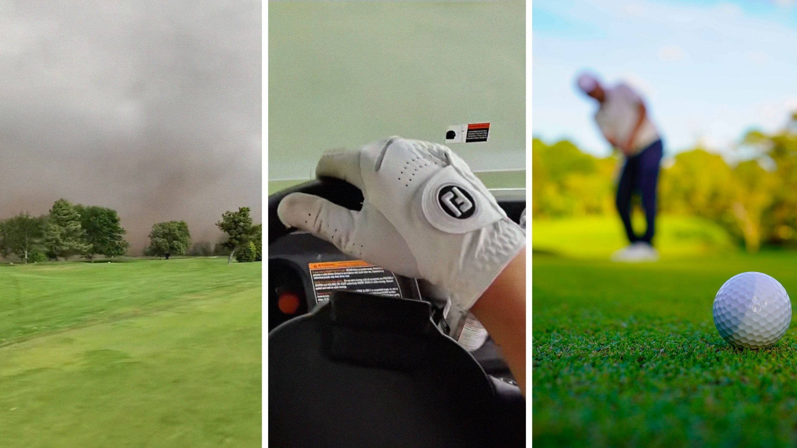 Tornado on the way (l) golfer escaping in golf cart (c) golfer playing in hole 15 (r)