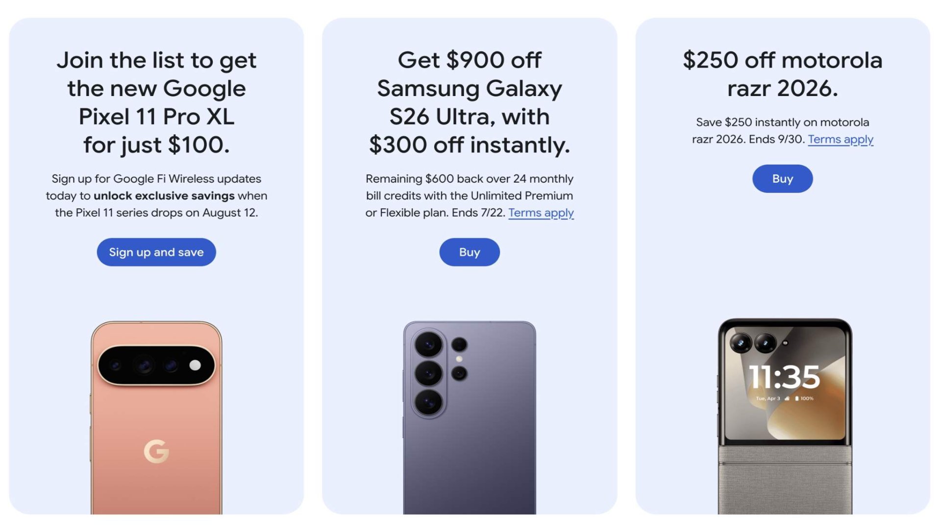 A screenshot of the Google Fi page showing a Pixel 11 Pro XL promotion.