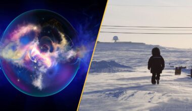 On the left a sphere filled with swirling purple gas, on the right a child walks across a snowy landscape.