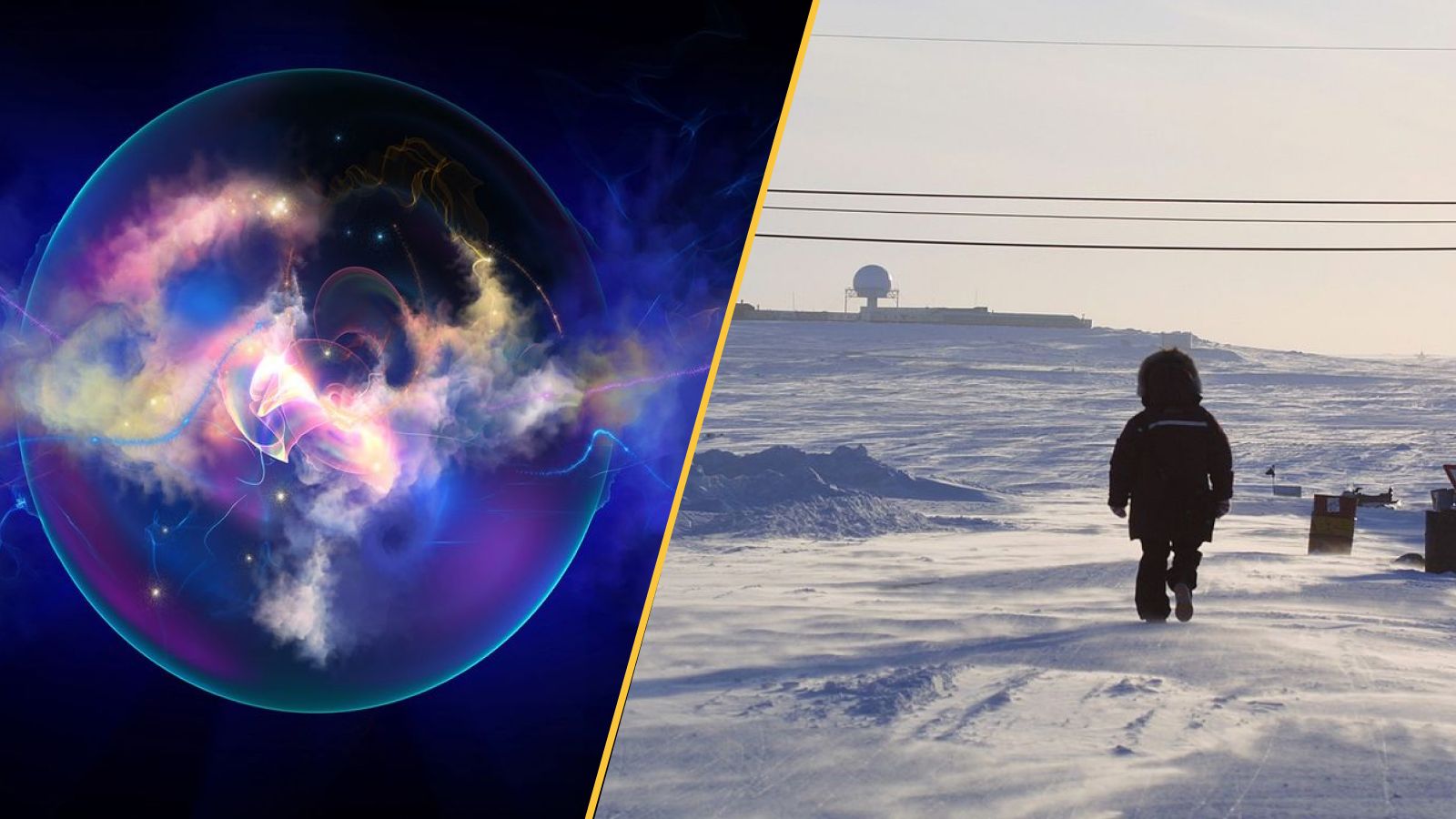 On the left a sphere filled with swirling purple gas, on the right a child walks across a snowy landscape.