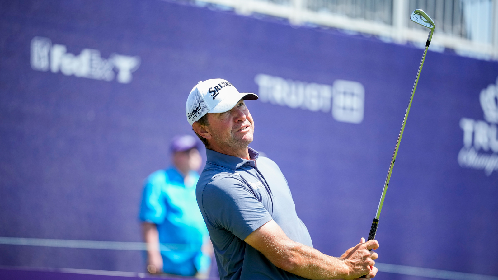 Lucas Glover hits an iron off the tee