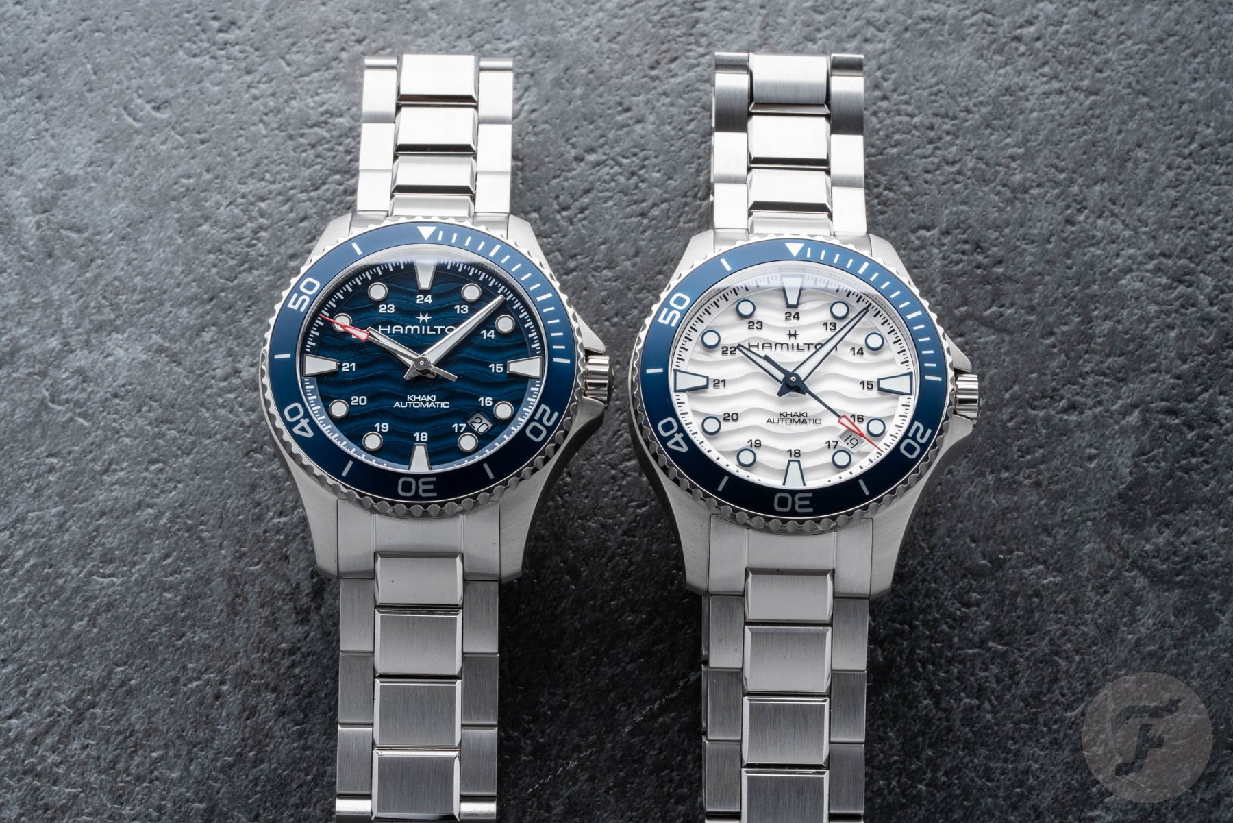 Hamilton Khaki Navy Scuba Auto models side by side, flat-lay