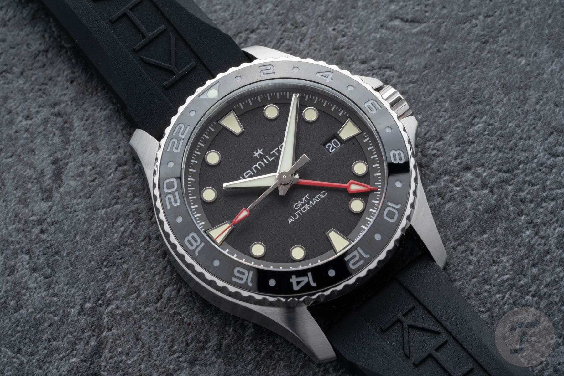 Hamilton Khaki Navy Scuba Auto GMT flat-lay, up close