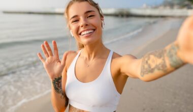 Happy Smiling Young Woman Sports Exercise Fitness Beach