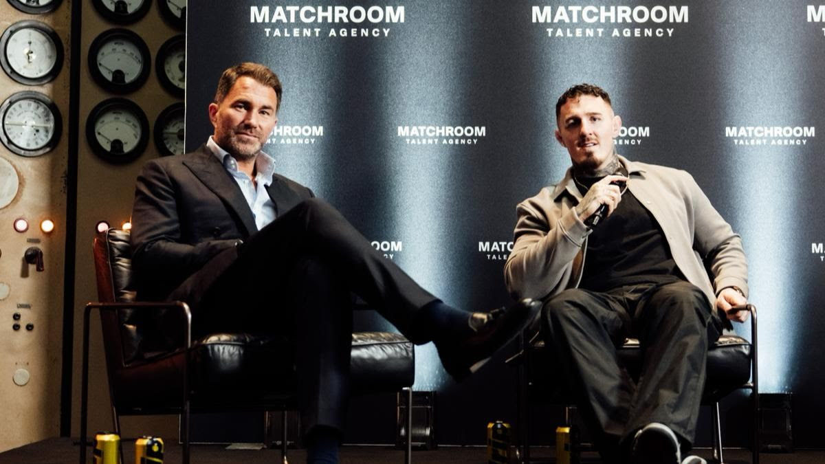 Tom Aspinall meets the British boxing media alongside Eddie Hearn after signing with Matchroom Talent. Photo: Matchroom Sport
