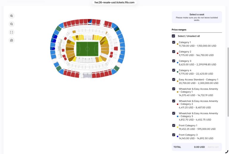 A screenshot of the seat map showing available tickets to the World Cup final on the FIFA Marketplace.