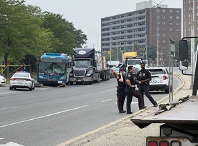 The aftermath of a multi-vehicle crash on Derry Rd., just west of Rexwood Rd., in Mississauga on Thursday, June 8, 2023. ERNEST DOROSZUK/TORONTO SUN