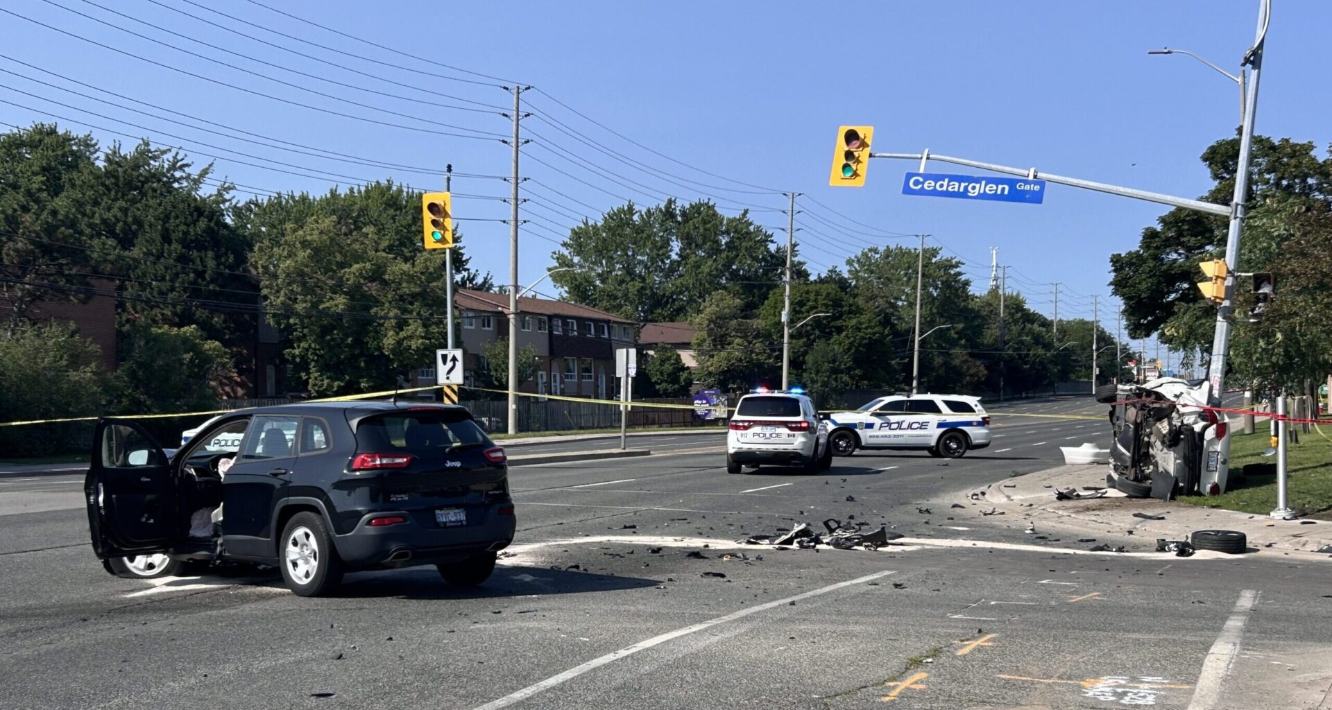 Teen airlifted to hospital after car hits pole and flips over in Mississauga