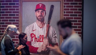 A painted portrait of Bryce Harper is displayed as part of an exhibit Thursday, July 9, 2026, during preparations for the 2026 MLB All-Star Village inside the Pennsylvania Convention Center in Philadelphia. The All-Star Village opens Saturday and runs through Tuesday ahead of the 2026 MLB All-Star Game.