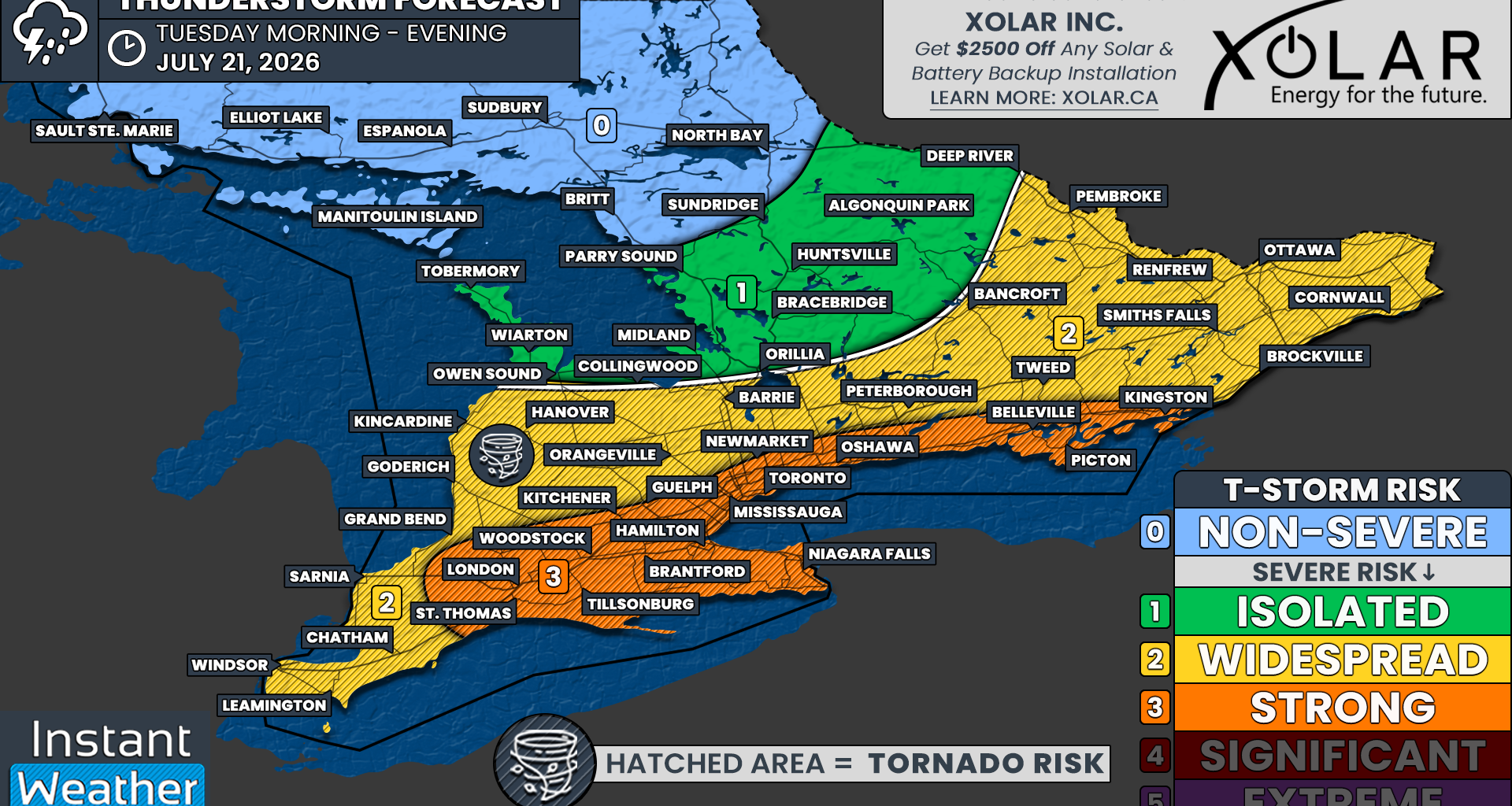 Strong Severe Storm Risk Targets Southern Ontario Tuesday With Damaging Winds, Toonie-Sized Hail and Tornadoes Possible