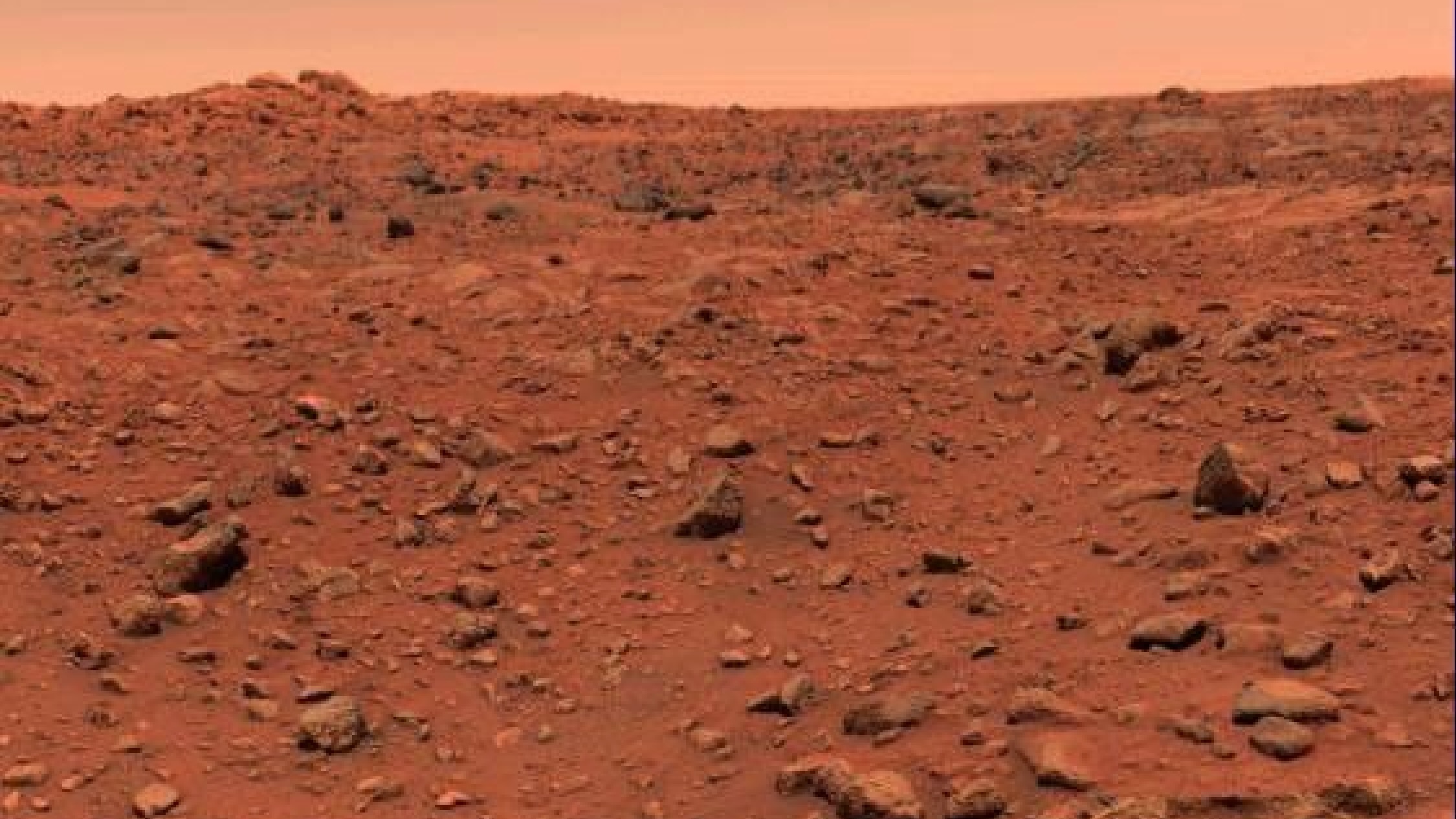 photo taken on the surface of mars, showing red dirt studded with many large rocks