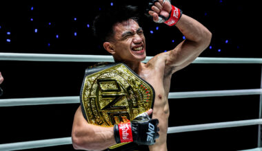 Joshua Pacio celebrates his ONE World Title victory over Mansur Malachiev at The Inner Circle 21
