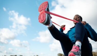 Woman doing 15-minute resistance band workout wearing activewear and trainers outside