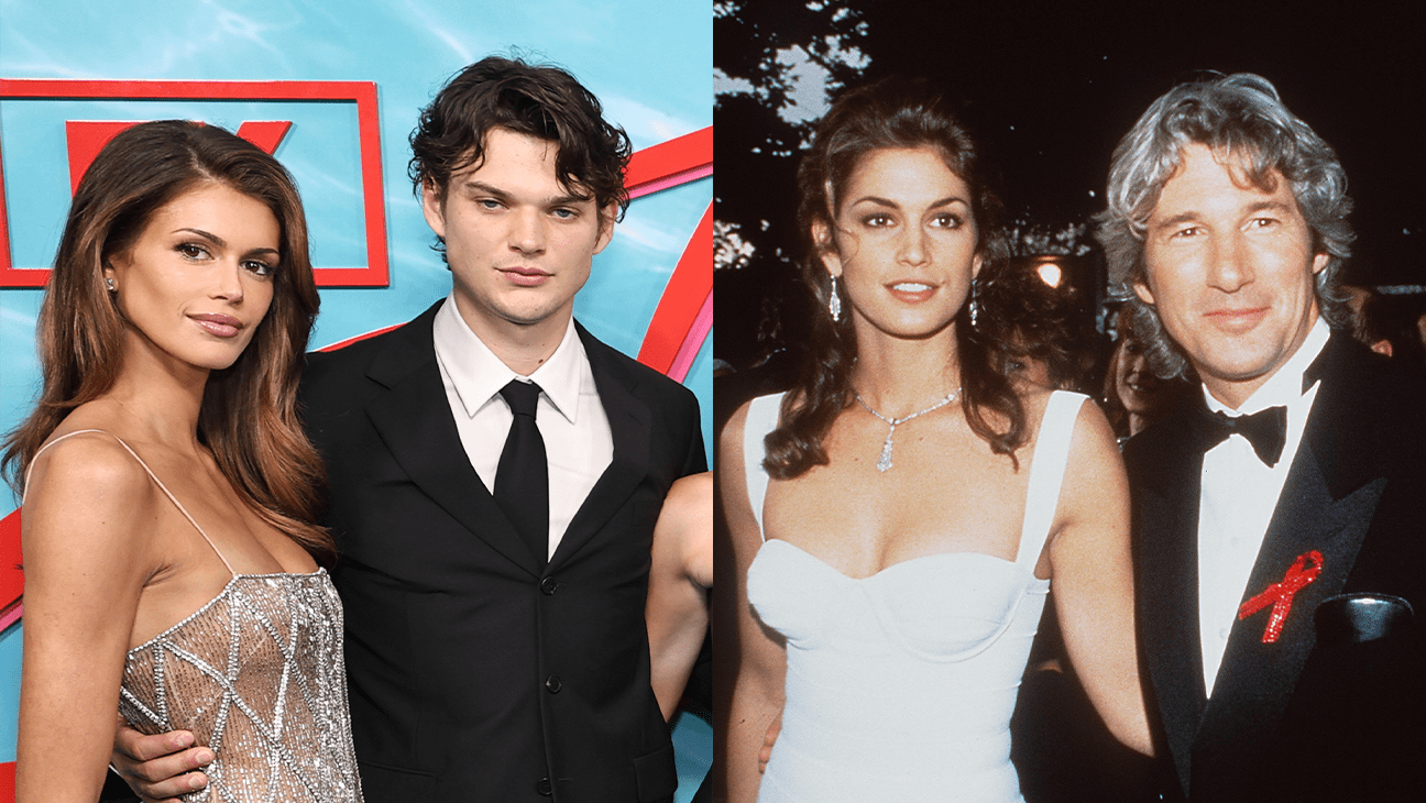 Kaia Gerber and Homer Gere at 'The Shards' NYC premiere, and Cindy Crawford and Richard Gere in 1993.