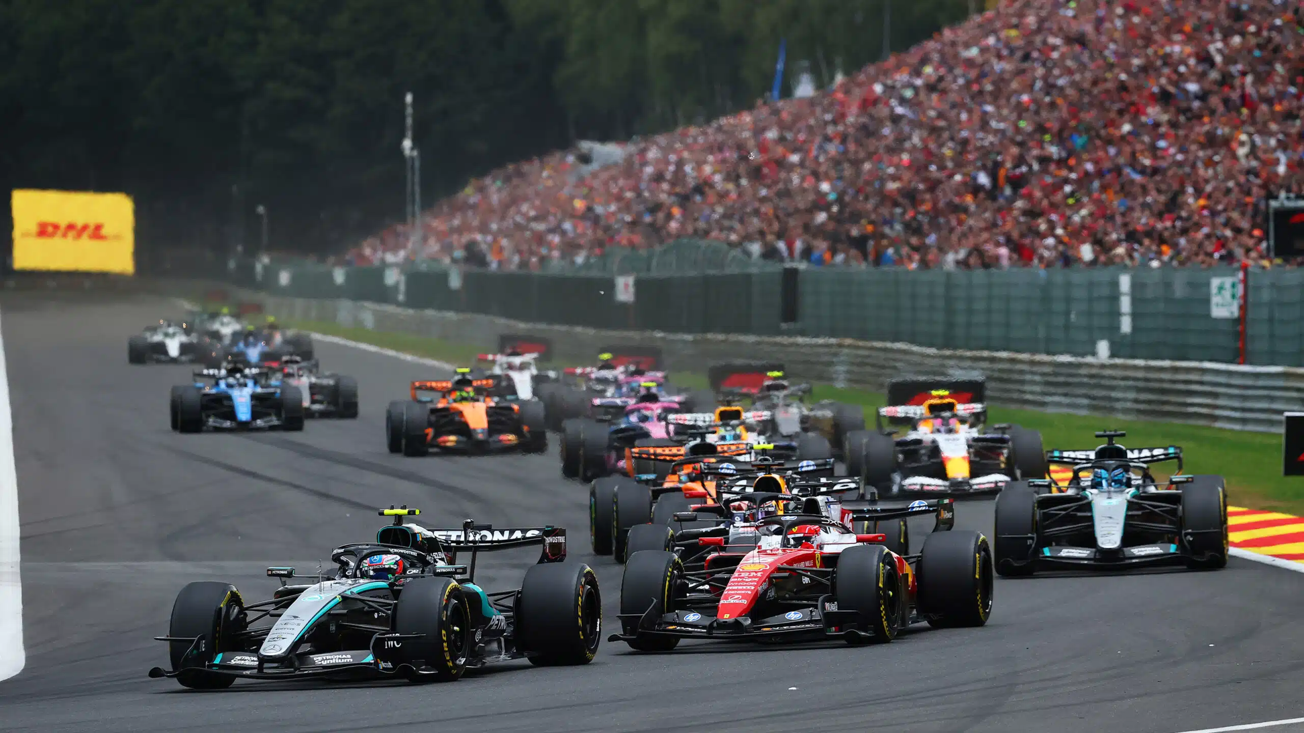 Kimi Antonelli leads at the start of the 2026 F1 Belgian Grand Prix