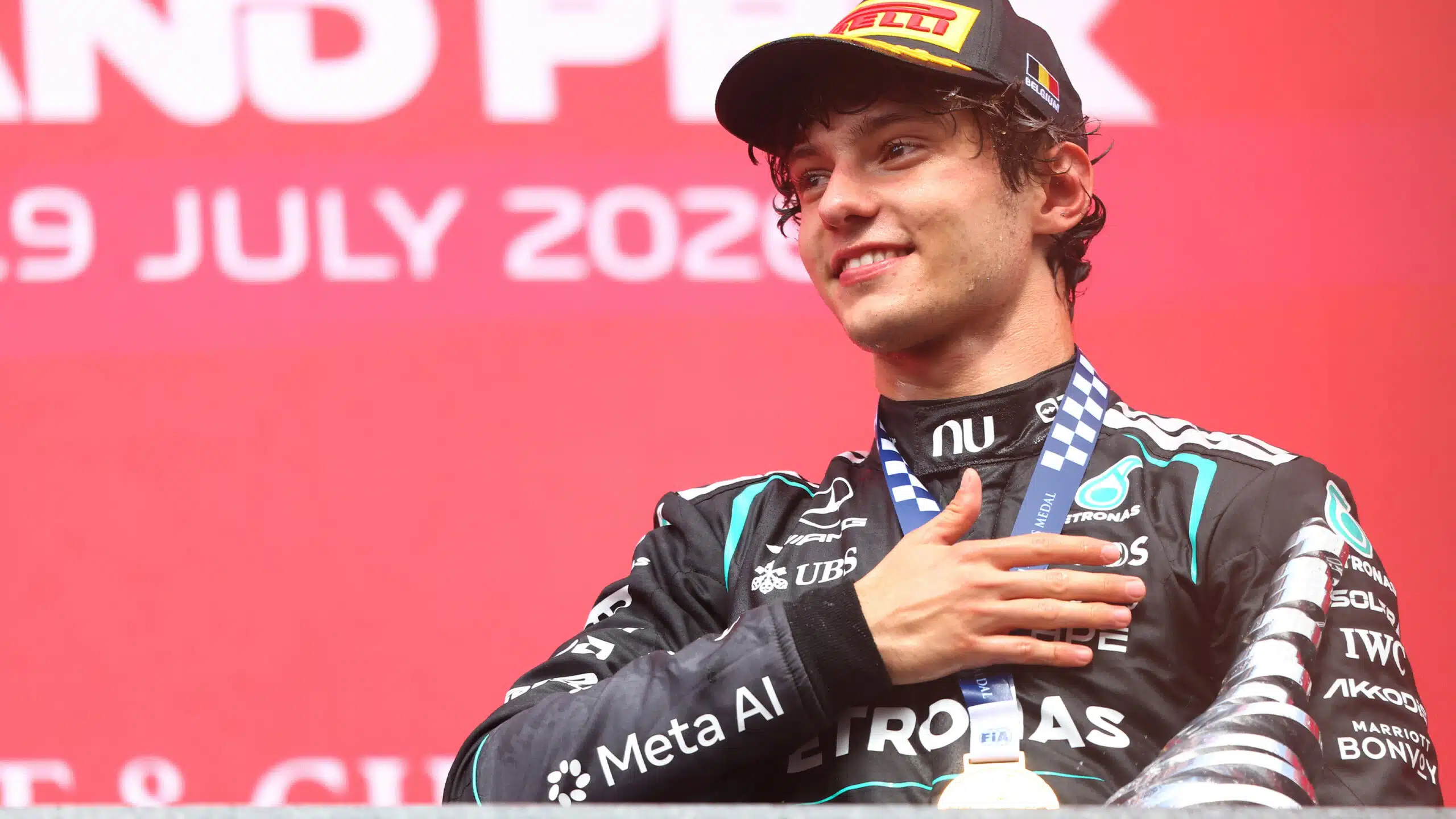 Kimi Antonelli on the podium after winning the 2026 F1 Belgian Grand Prix