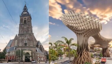 Split image: Left shows a tall, historic stone church with a clock tower; right shows a modern wooden lattice structure with organic curves, surrounded by palm trees and buildings under a dramatic sky.