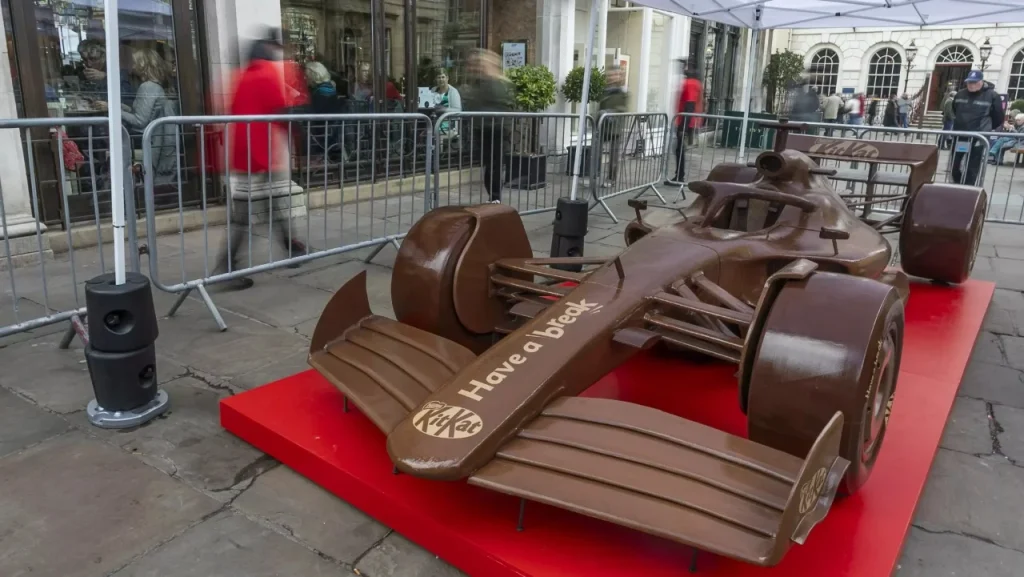 KitKat is now the 'official chocolate partner' of F1, which explains why they've created a chocolate sculpture the size of a real Formula 1 car