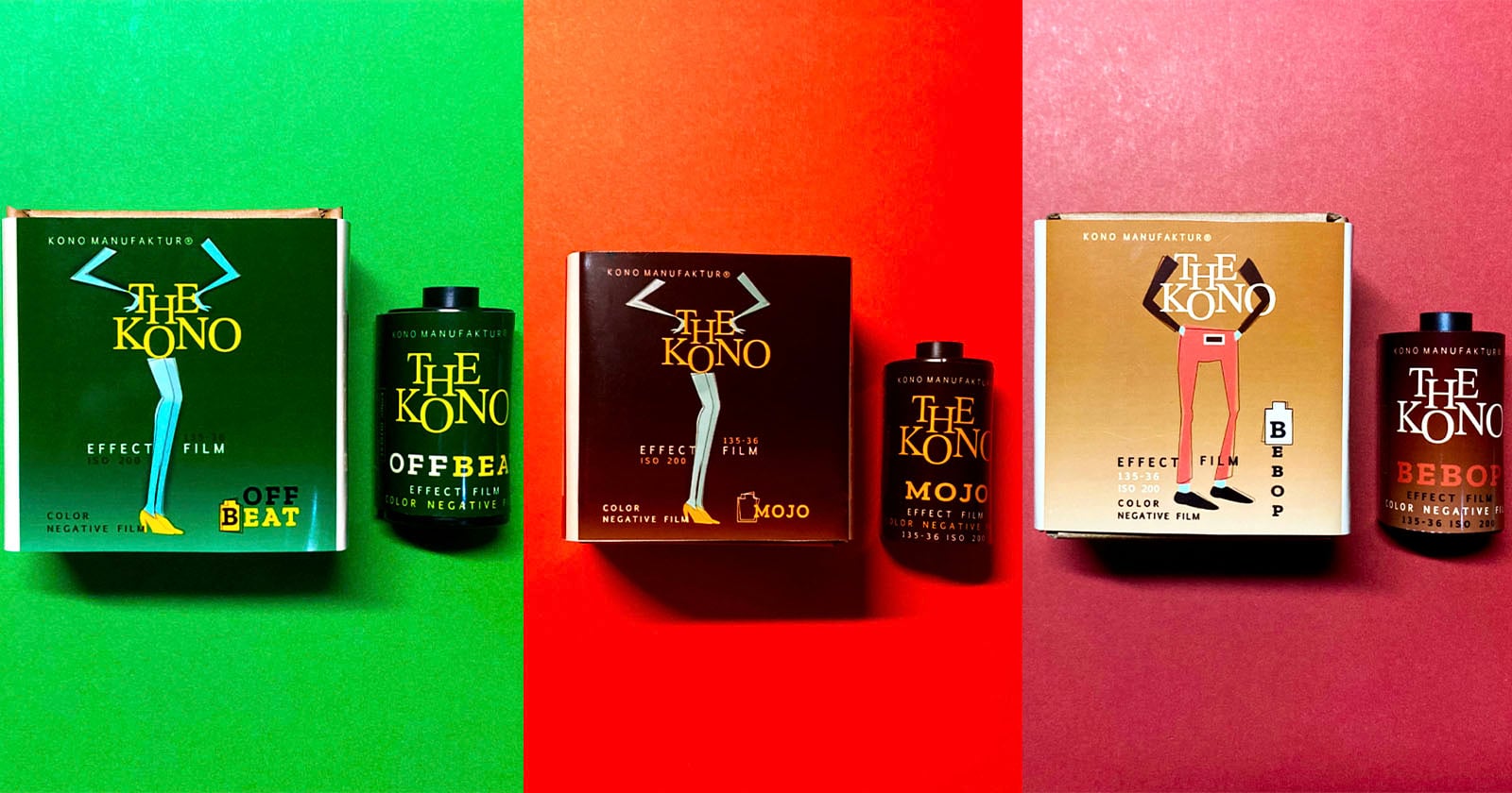 Three sets of The KONO! film boxes and canisters on green, red, and orange backgrounds, each featuring a stylized leg illustration and labeled Offbeat, Mojo, and Bebop.