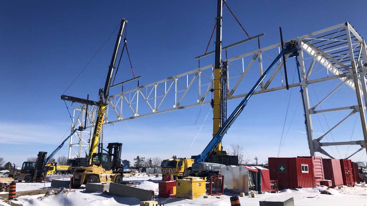 Porter Airlines - Complex two-crane lift for mega joist installation at Ottawa International Airport (YOW).