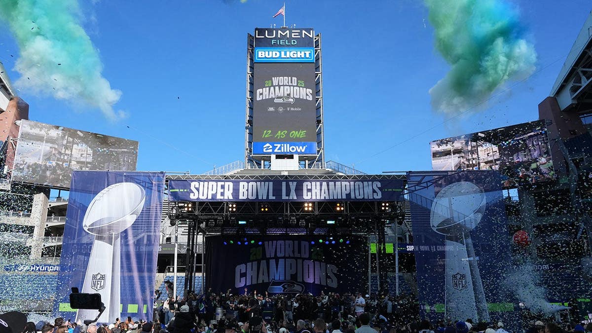 Super Bowl LX trophy celebration in Seattle