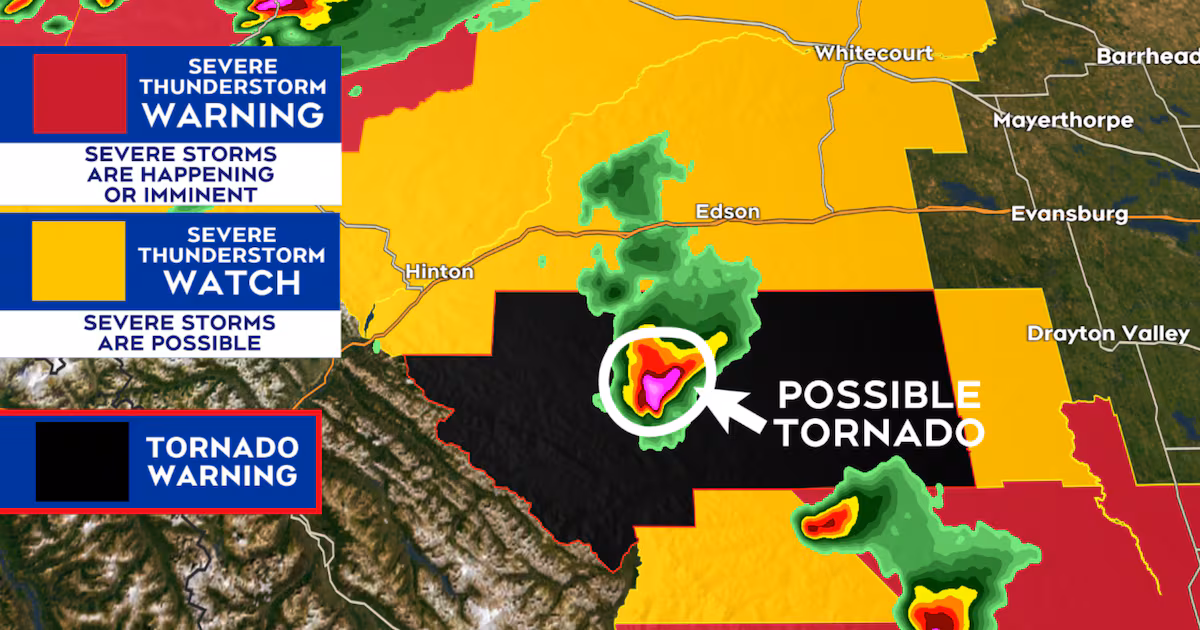 Tornado warning issued for areas southwest of Edmonton - CTV News