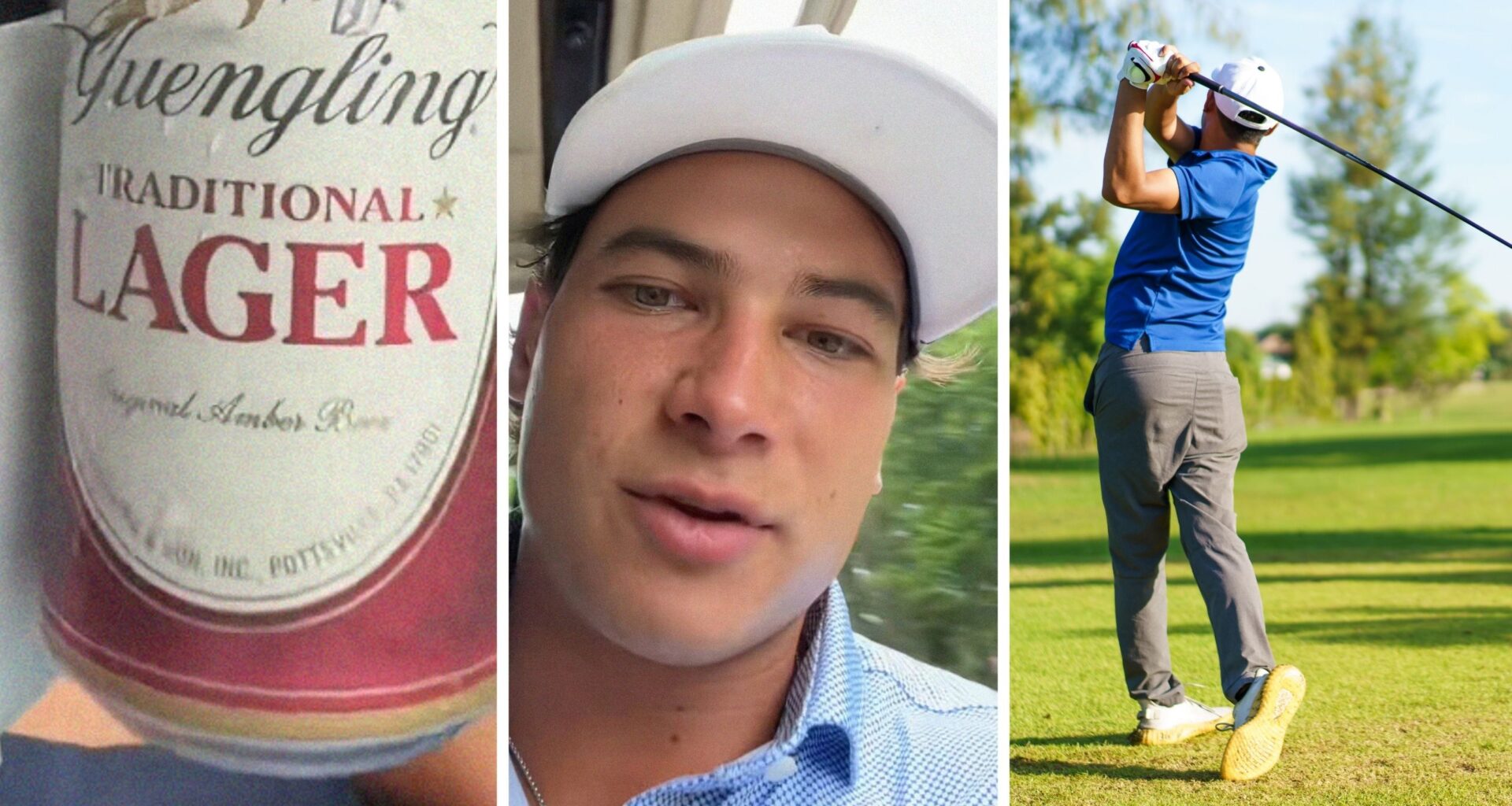 can of beer (l) man shares golfing experience (c) man at golf course (r)