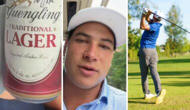 can of beer (l) man shares golfing experience (c) man at golf course (r)