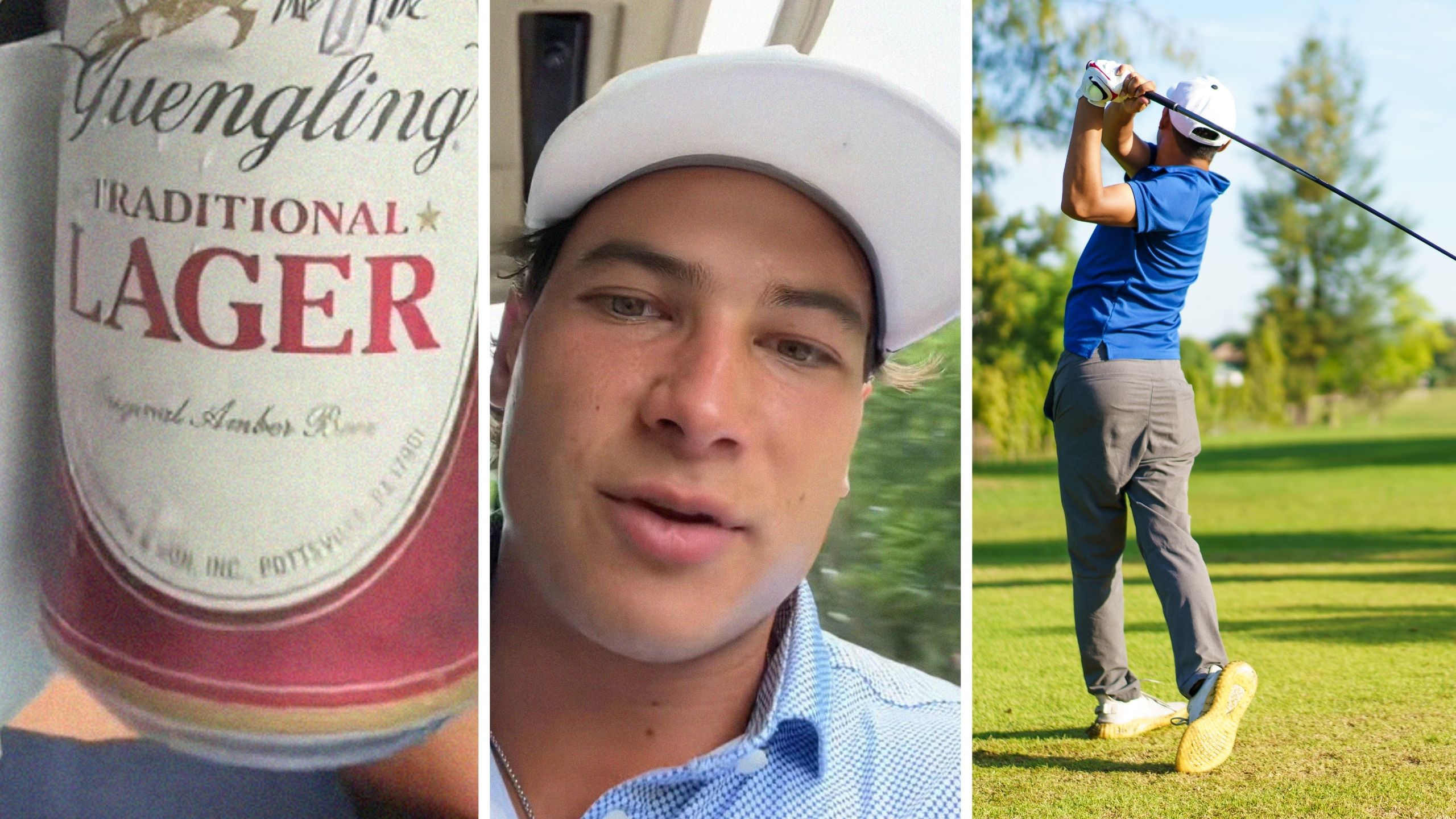 can of beer (l) man shares golfing experience (c) man at golf course (r)