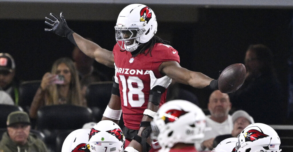 Nov 3, 2025; Arlington, Texas, USA; Arizona Cardinals wide receiver Marvin Harrison Jr. (18) celebrates with teammates after scoring a touchdown against the Dallas Cowboys in the first half at AT&T Stadium. Mandatory Credit: Jerome Miron-Imagn Images