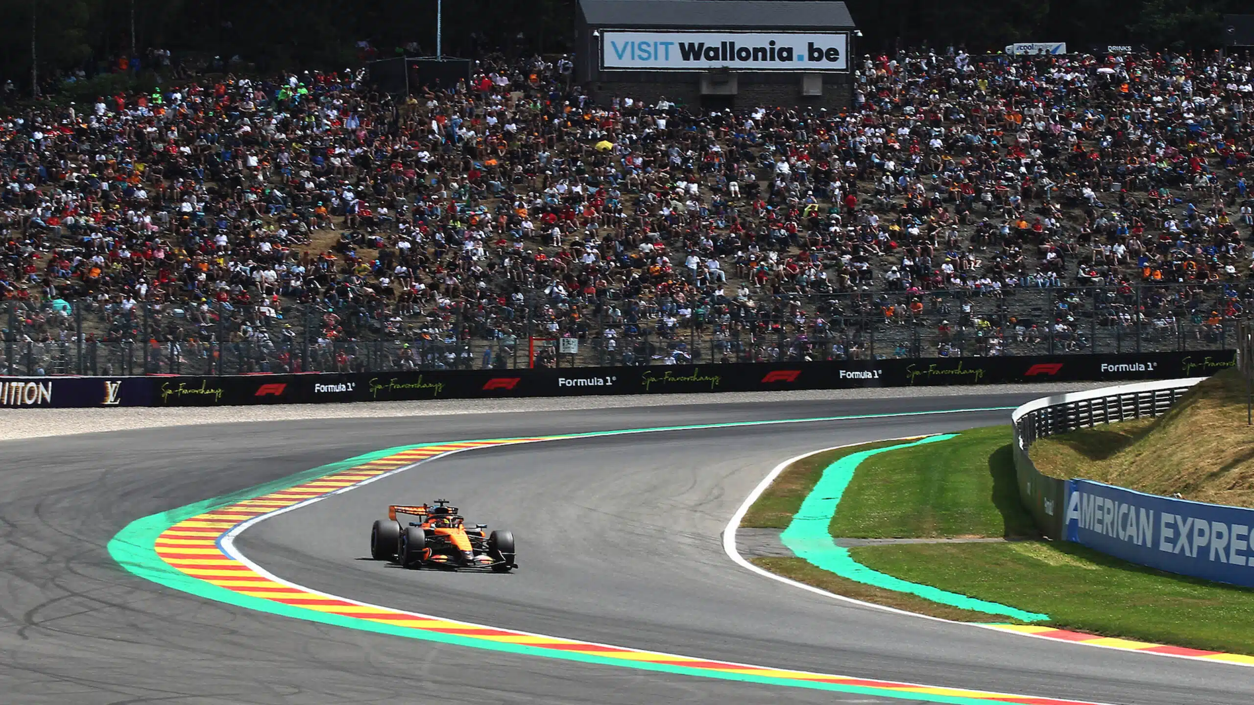 McLaren F1 car at Pouhon during 2026 F1 Belgian Grand Prix weekend
