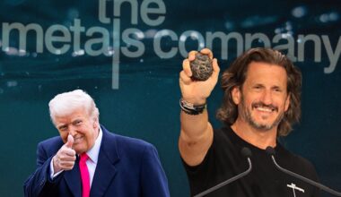 A collage shows Trump on the left giving a thumbs-up, and Barron on the right, holding a nodule. The background is a water transparency over a sign reading, &lsquo;The Metals Company.&rsquo;