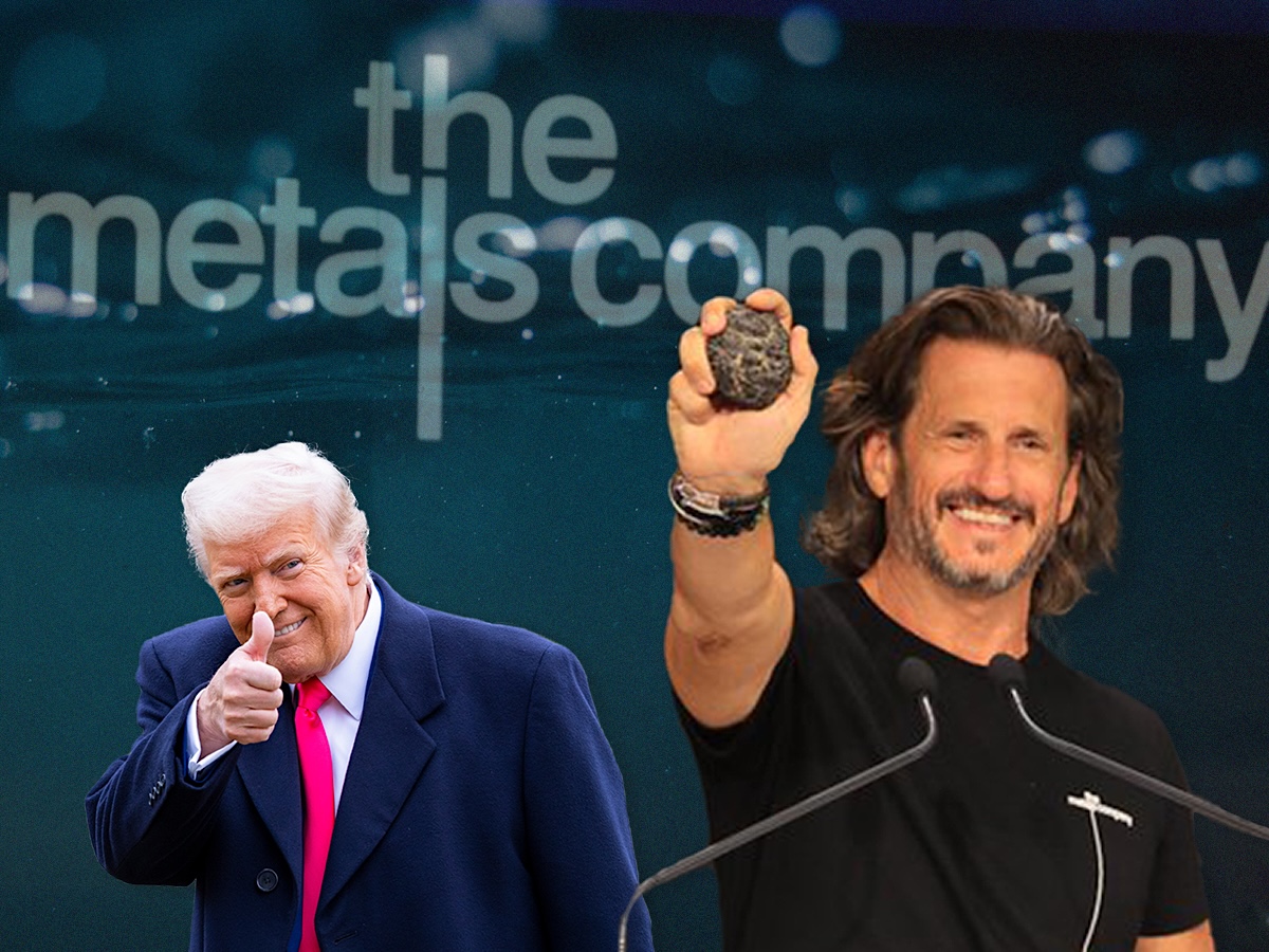A collage shows Trump on the left giving a thumbs-up, and Barron on the right, holding a nodule. The background is a water transparency over a sign reading, &lsquo;The Metals Company.&rsquo;